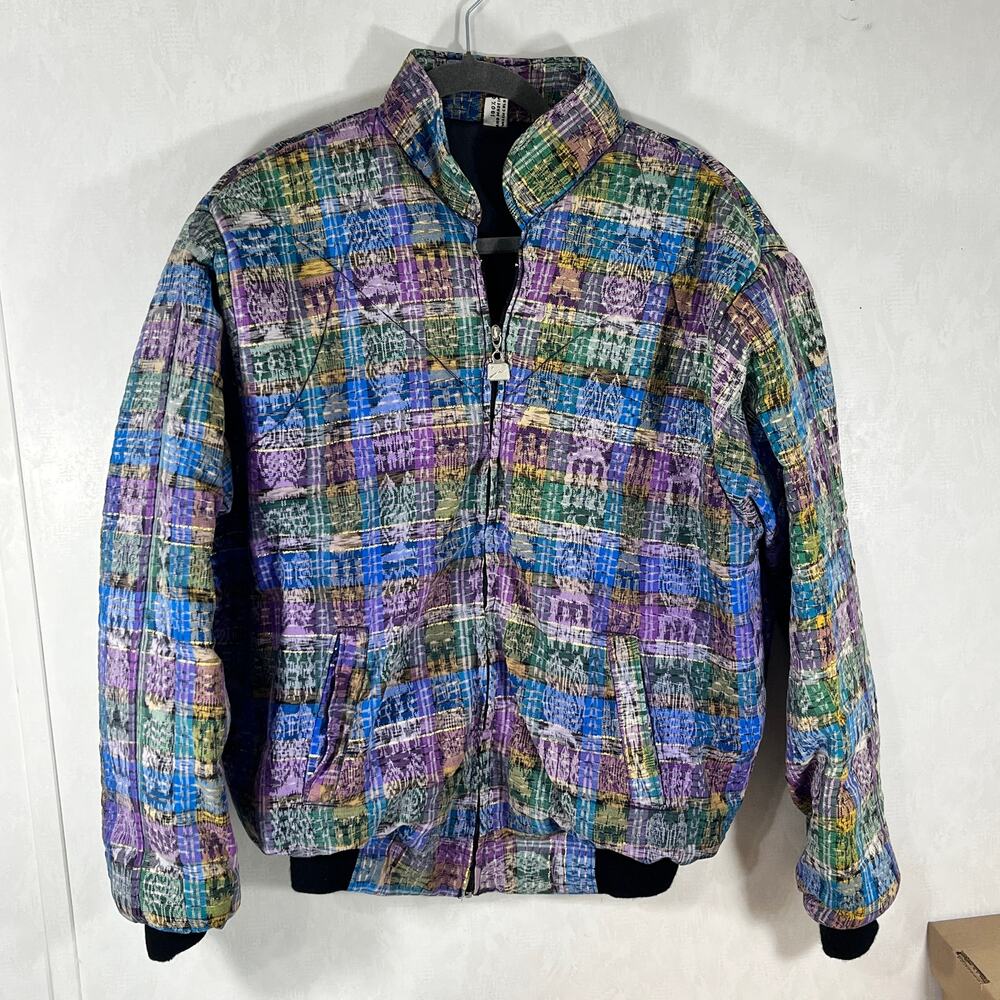 80's Bomber Jacket Women's Colorful 100% Cotton Zip Front Guatemala Blue Purple